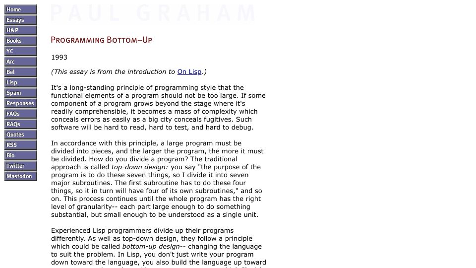 Screenshot of paulgraham.com: Programming Bottom-Up (1993)
