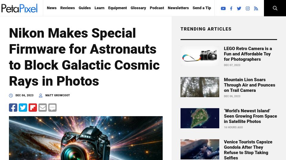 Screenshot of petapixel.com: Nikon makes firmware for astronauts to block cosmic rays in photos