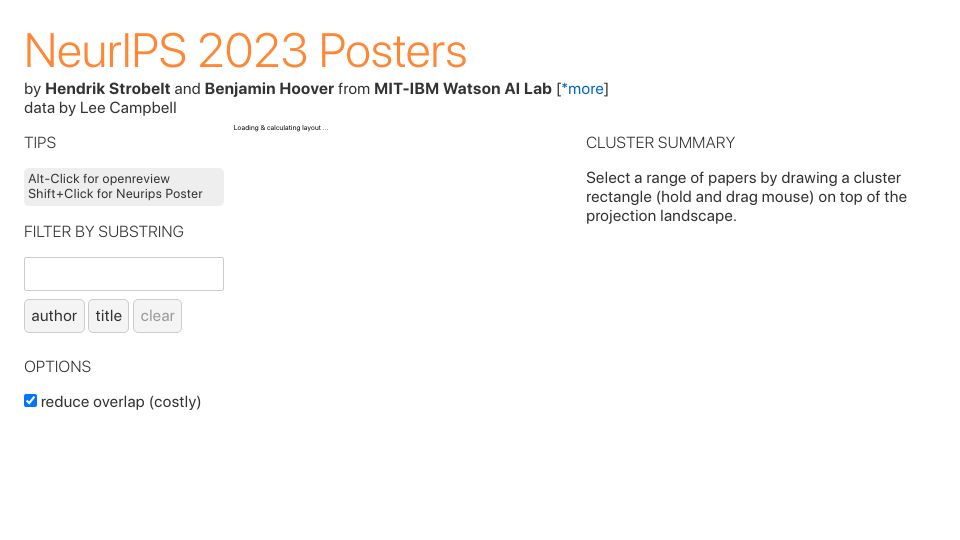 Screenshot of neurips2023.vizhub.ai: NeurIPS 2023 Posters Cluster Visualization