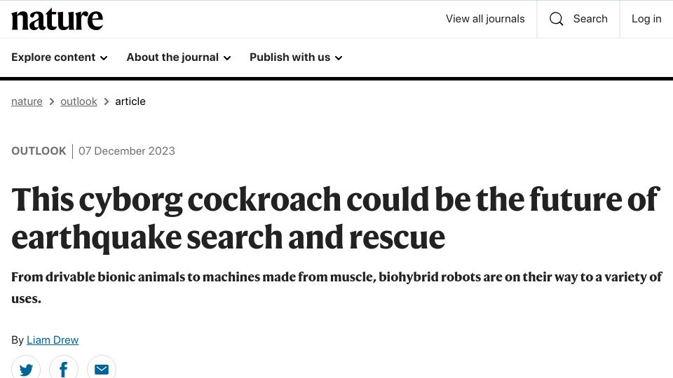 Screenshot of nature.com: Cyborg cockroach could be the future of earthquake search and rescue