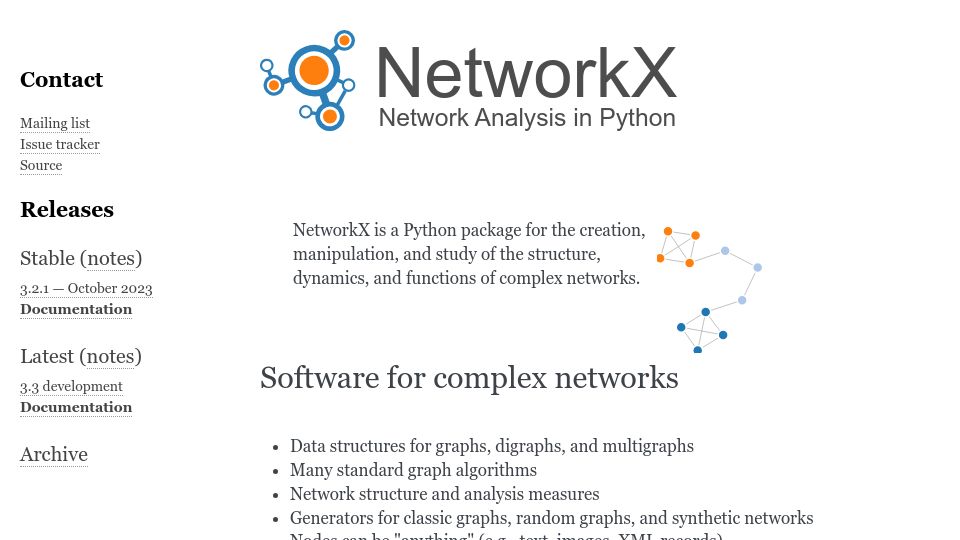 Screenshot of networkx.org: NetworkX – Network Analysis in Python