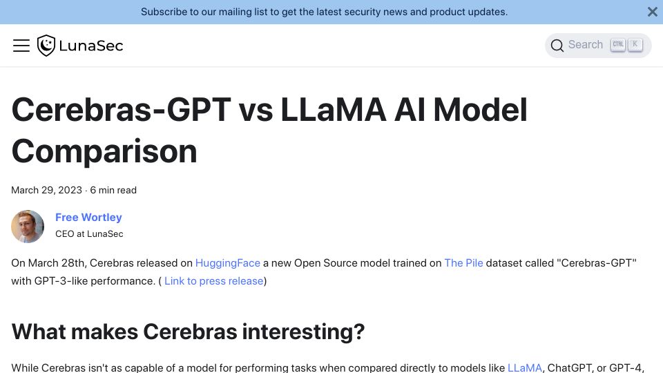 Screenshot of lunasec.io: Cerebras-GPT vs. LLaMA AI Model Performance Comparison