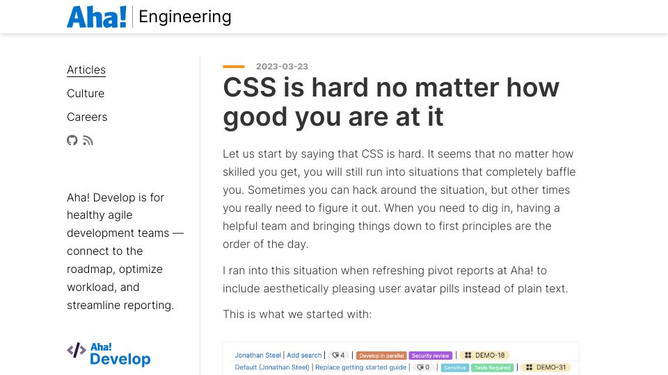 Screenshot of aha.io: CSS is hard no matter how good you are at it