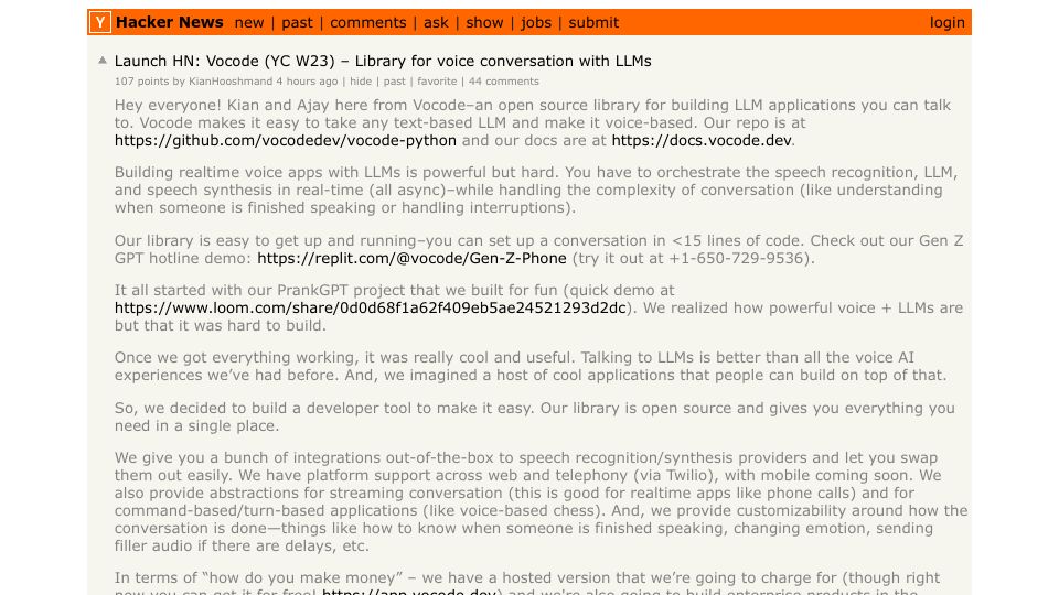 Screenshot of Hacker News post: Launch HN: Vocode (YC W23) – Library for voice conversation with LLMs