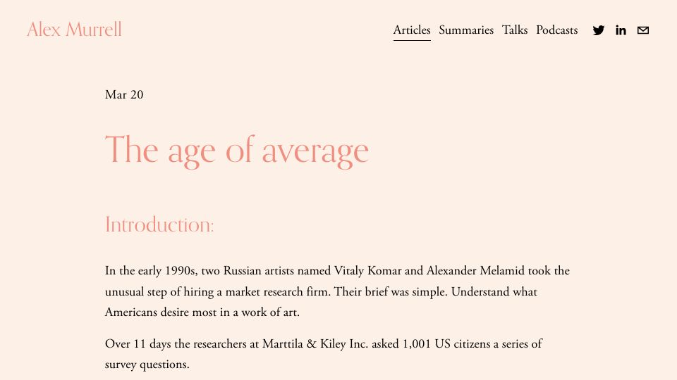Screenshot of alexmurrell.co.uk: The age of average