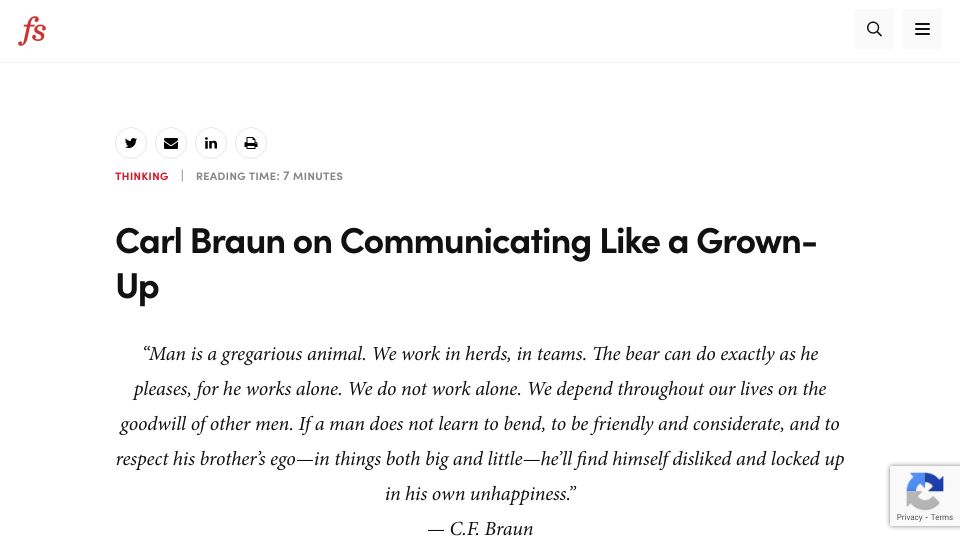 Screenshot of fs.blog: Carl Braun on communicating like a grown-up (2016)