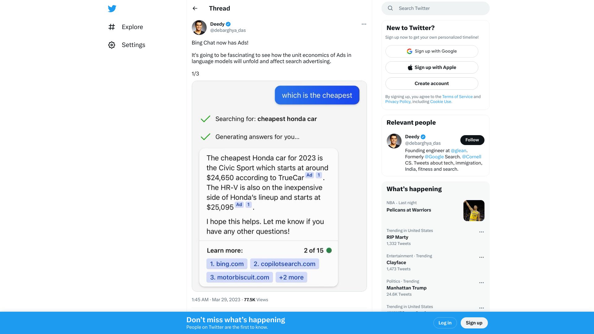 Screenshot of twitter.com: Bing Chat now has ads
