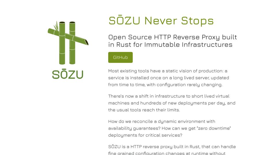 Screenshot of sozu.io: Sōzu – HTTP reverse proxy in Rust for immutable infrastructures