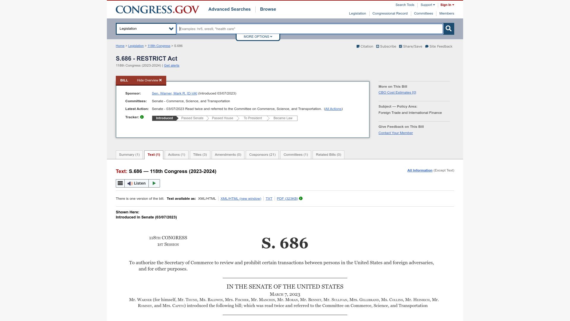 Screenshot of congress.gov: Senate Bill to Ban TikTok