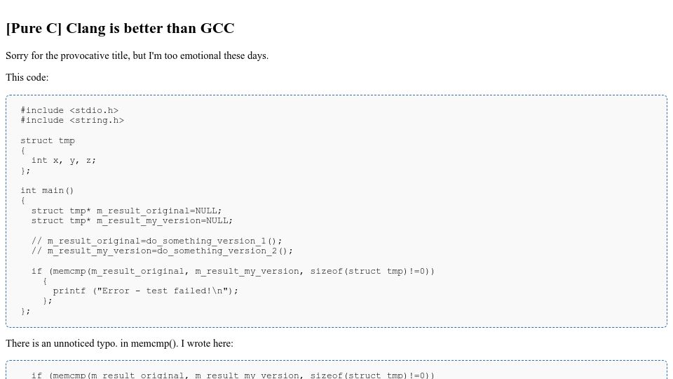 Screenshot of yurichev.org: Clang is better than GCC