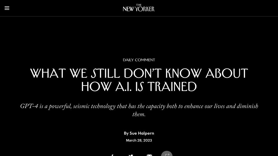 Screenshot of newyorker.com: What we still don’t know about how A.I. is trained
