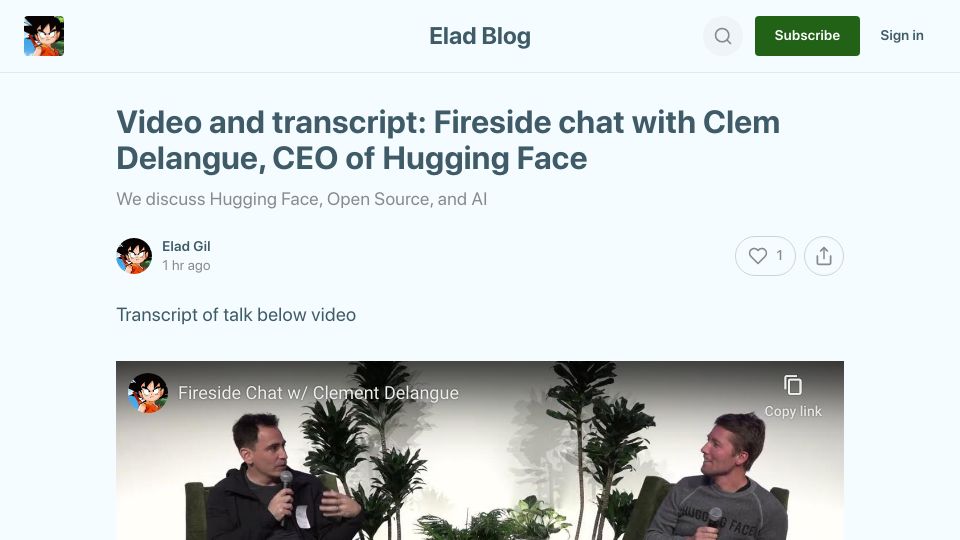 Screenshot of blog.eladgil.com: Fireside Chat with Clem Delangue, CEO of Hugging Face