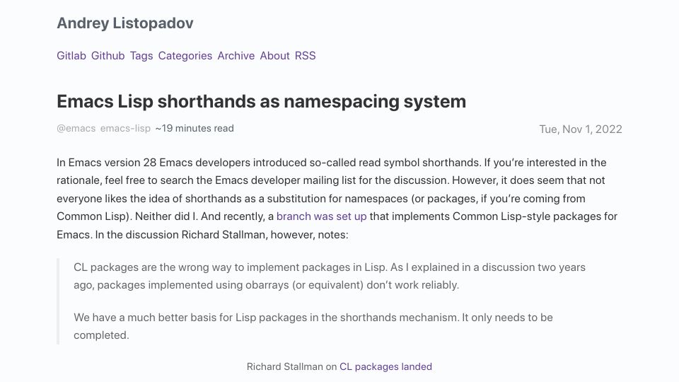 Screenshot of andreyorst.gitlab.io: Emacs Lisp shorthands as namespacing system