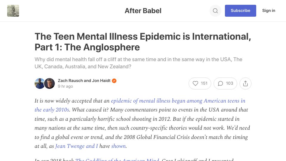 Screenshot of jonathanhaidt.substack.com: The teen mental illness epidemic is international – Part 1: The Anglosphere