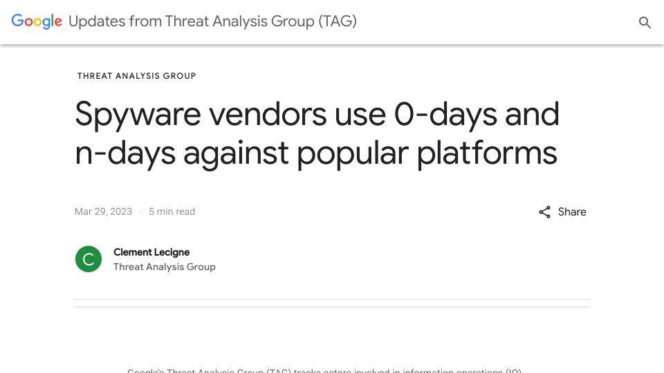 Screenshot of blog.google: Spyware vendors use 0-days and n-days against Android, iOS and Chrome