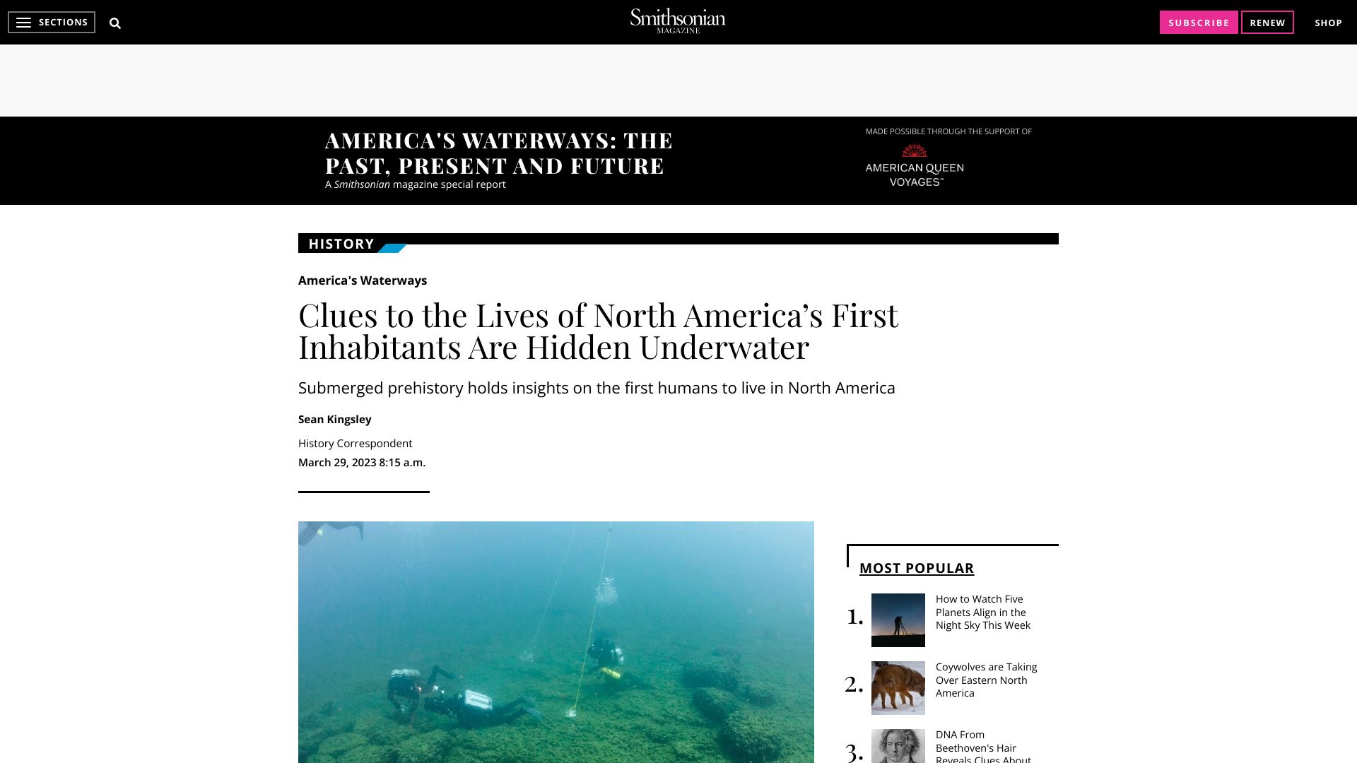 Screenshot of smithsonianmag.com: Clues to the lives of North America’s first inhabitants are hidden underwater