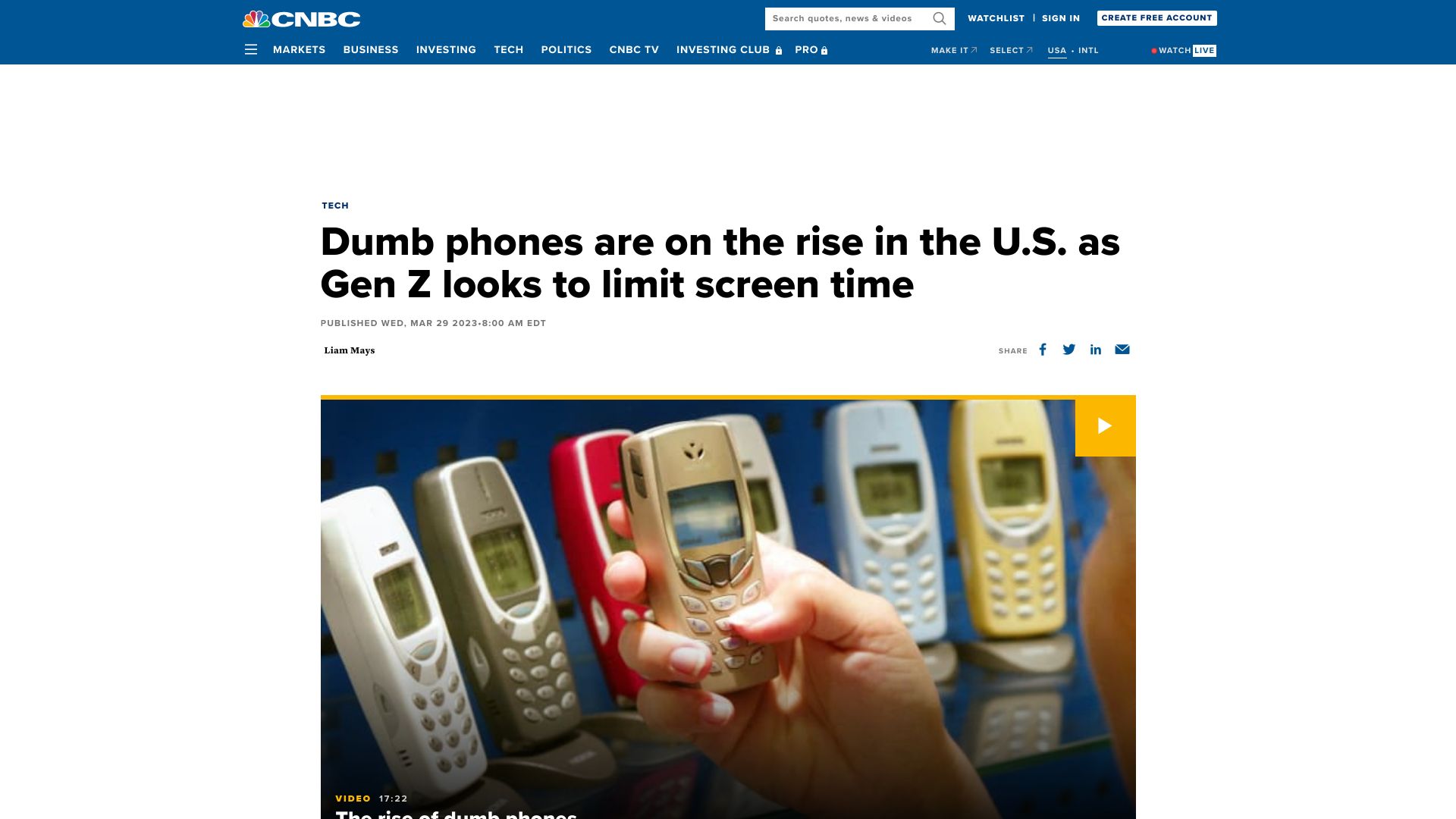 Screenshot of cnbc.com: Dumb phones are on the rise in the U.S. as Gen Z looks to limit screen time