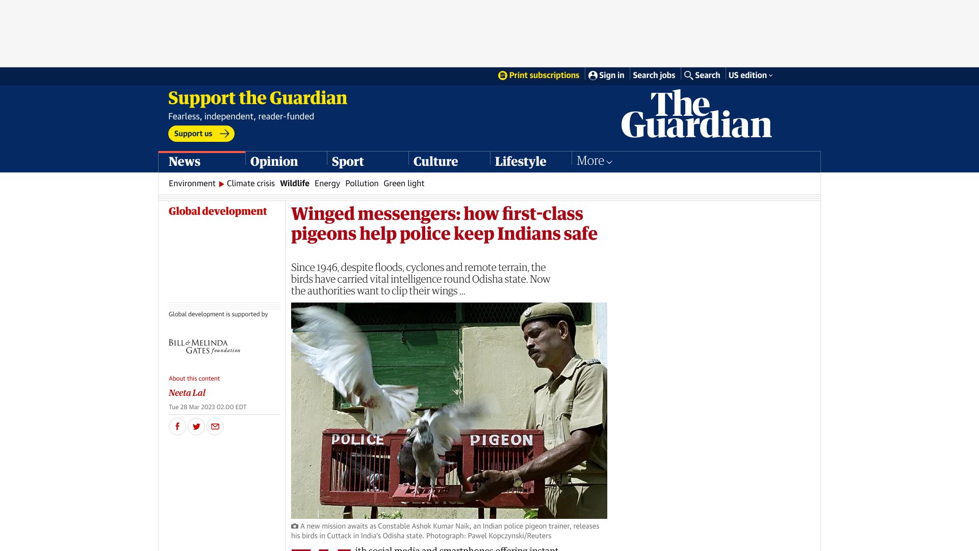 Screenshot of theguardian.com: Carrier pigeons used by police in the Indian state of Odisha