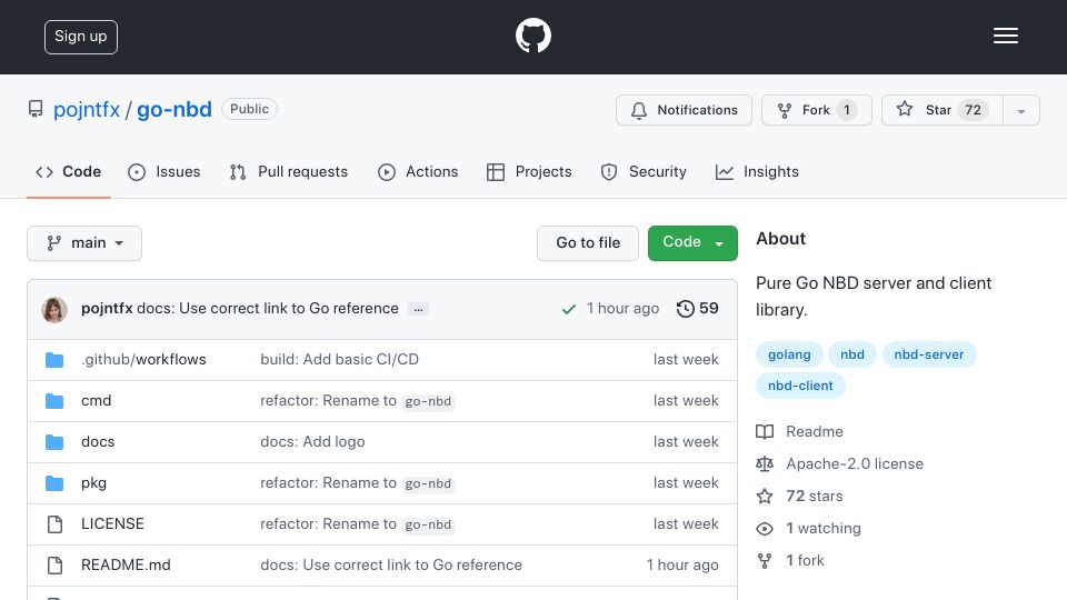 Screenshot of github.com: Show HN: go-nbd – A Pure Go NBD Server and Client