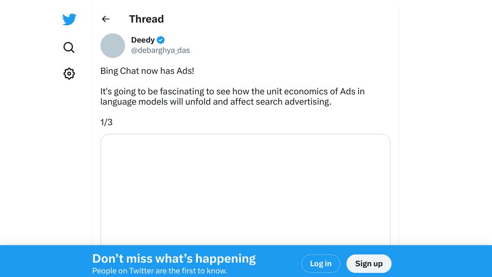 Screenshot of twitter.com: Bing Chat now has ads