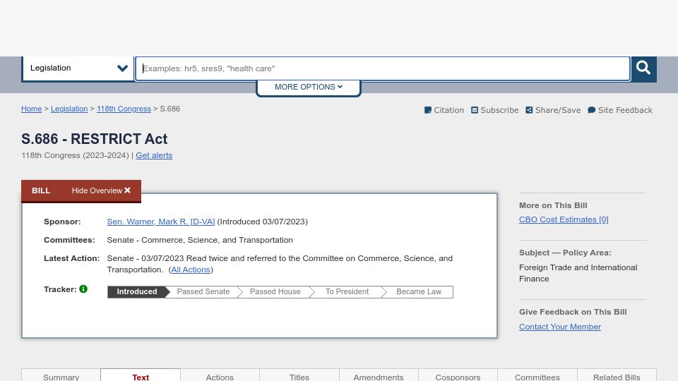 Screenshot of congress.gov: Senate Bill to Ban TikTok