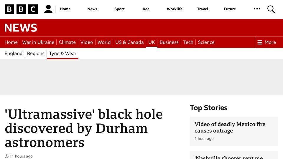 Screenshot of bbc.com: 'Ultramassive' black hole discovered – bigger than the majority of galaxies