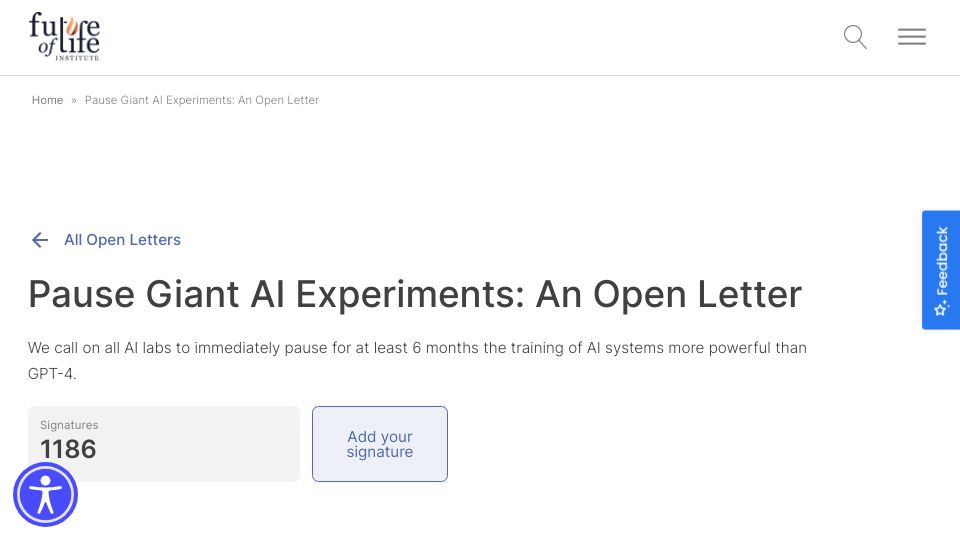 Screenshot of futureoflife.org: Pause Giant AI Experiments: An Open Letter