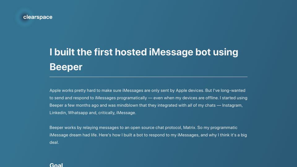 Screenshot of getclearspace.com: I built an iMessage bot using Beeper