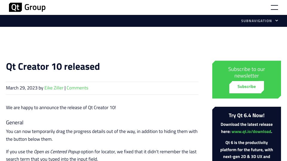 Screenshot of qt.io: Qt Creator 10 Released