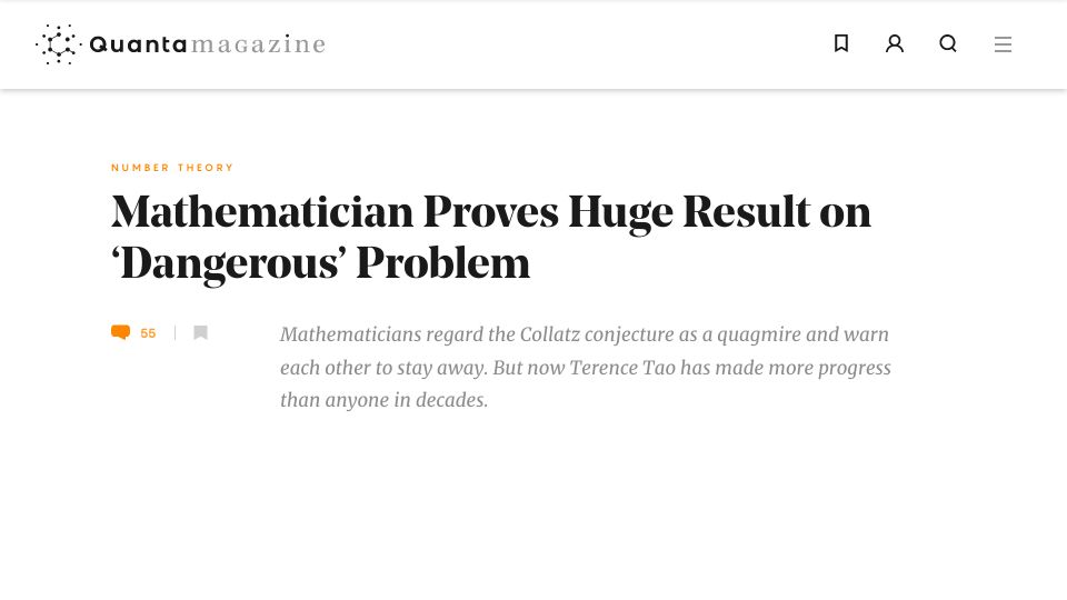 Screenshot of quantamagazine.org: Terence Tao makes progress on the Collatz conjecture (2019)