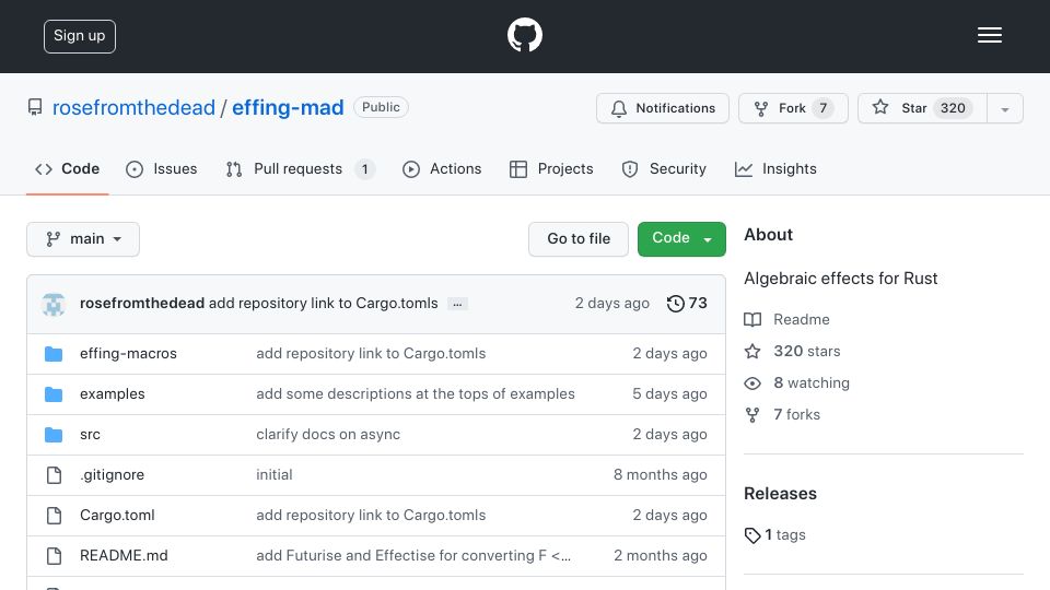 Screenshot of github.com: Effing-mad, an effect library for Rust