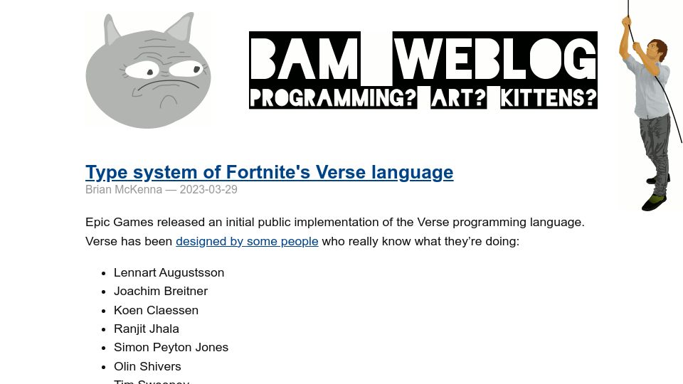 Screenshot of brianmckenna.org: Type system of Fortnite's Verse language