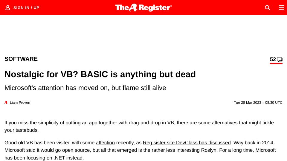 Screenshot of theregister.com: BASIC is anything but dead
