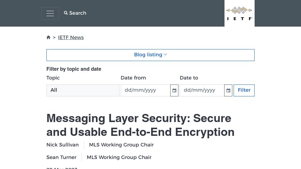 Screenshot of ietf.org: Messaging layer security: Secure and usable end-to-end encryption