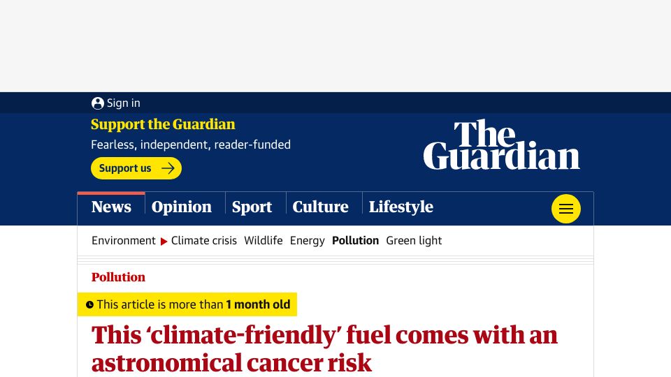 Screenshot of theguardian.com: Fuel from discarded plastics comes with a high cancer risk