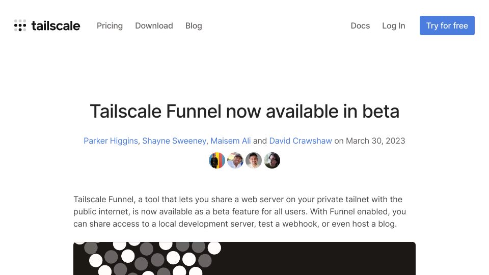 Screenshot of tailscale.com: Tailscale Funnel now available in beta