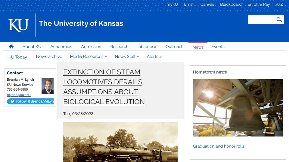Screenshot of today.ku.edu: Extinction of Steam Locomotives Derails Assumptions about Biological Evolution