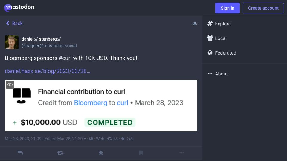 Screenshot of mastodon.social: Bloomberg sponsors curl with 10K USD