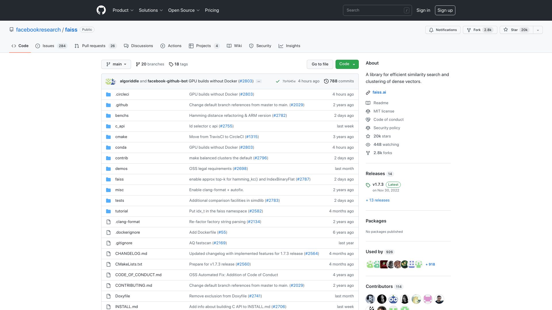 Screenshot of github.com: Faiss: A library for efficient similarity search
