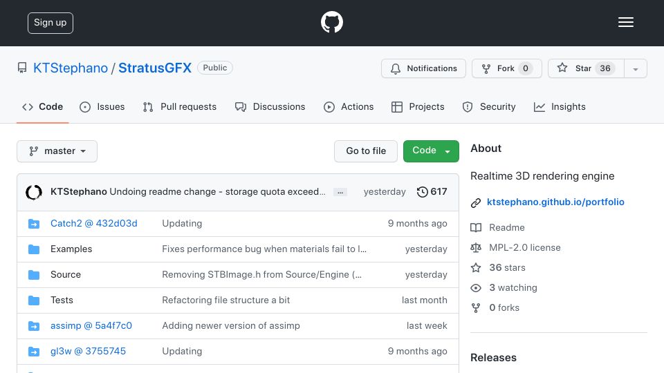 Screenshot of github.com: Show HN: StratusGFX, my open-source real-time 3D rendering engine