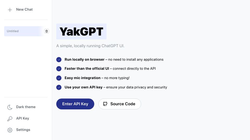 Screenshot of yakgpt.vercel.app: Show HN: YakGPT – A locally running, hands-free ChatGPT UI