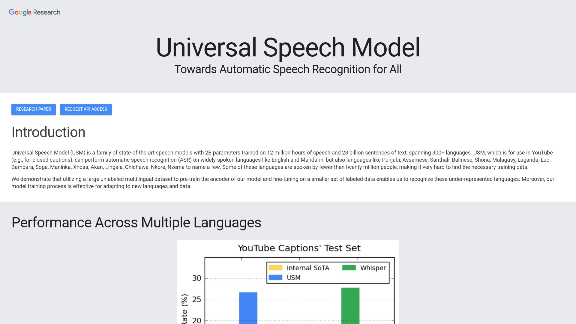 Screenshot of sites.research.google: Universal Speech Model