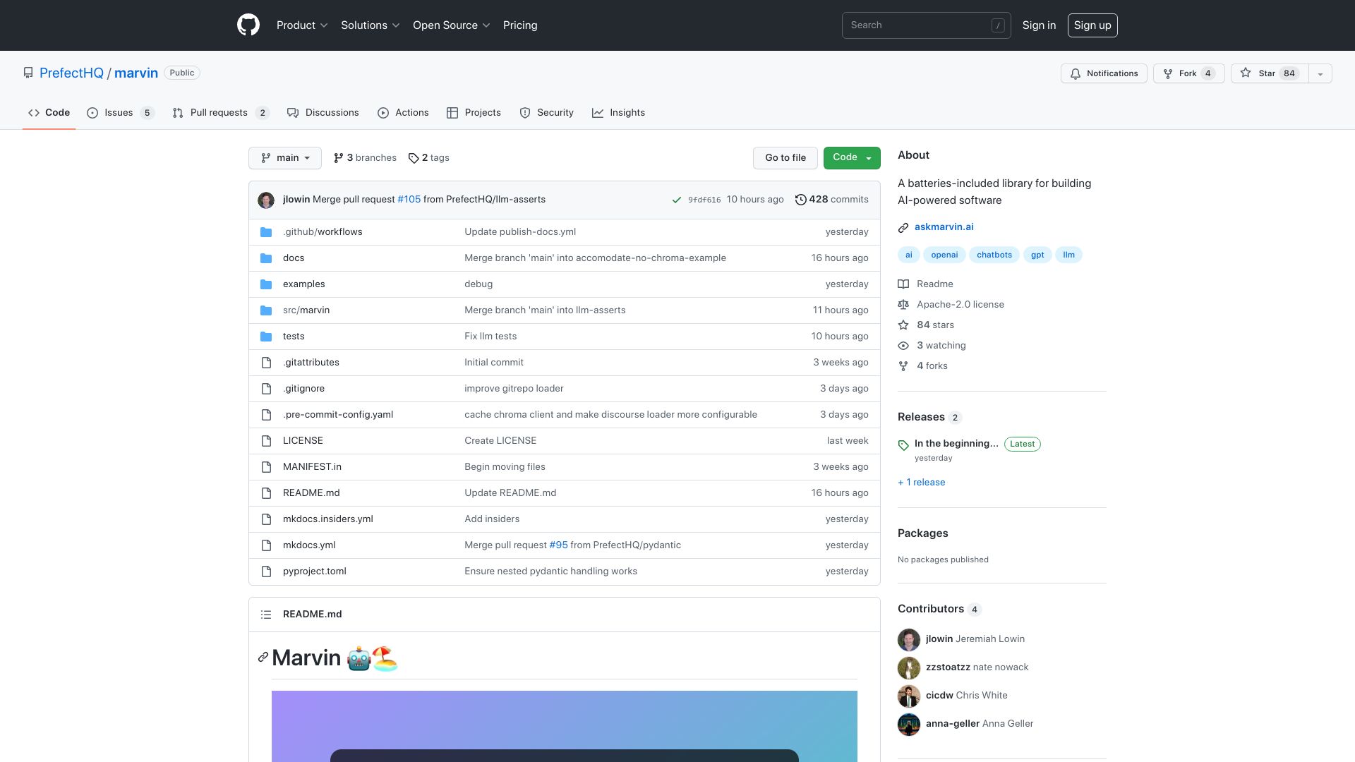 Screenshot of github.com: Show HN: Marvin – build AI functions that use an LLM as a runtime
