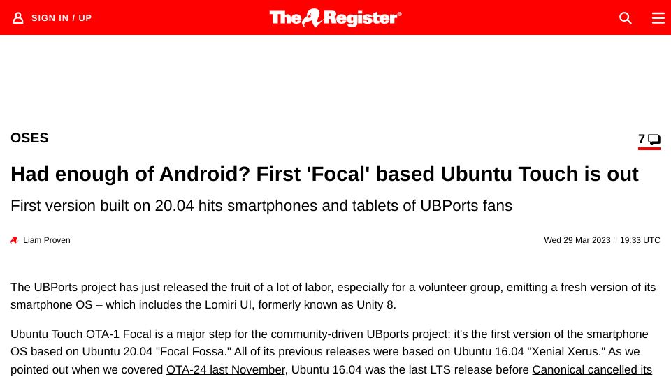 Screenshot of theregister.com: Had enough of Android? First 'Focal' based Ubuntu Touch is out