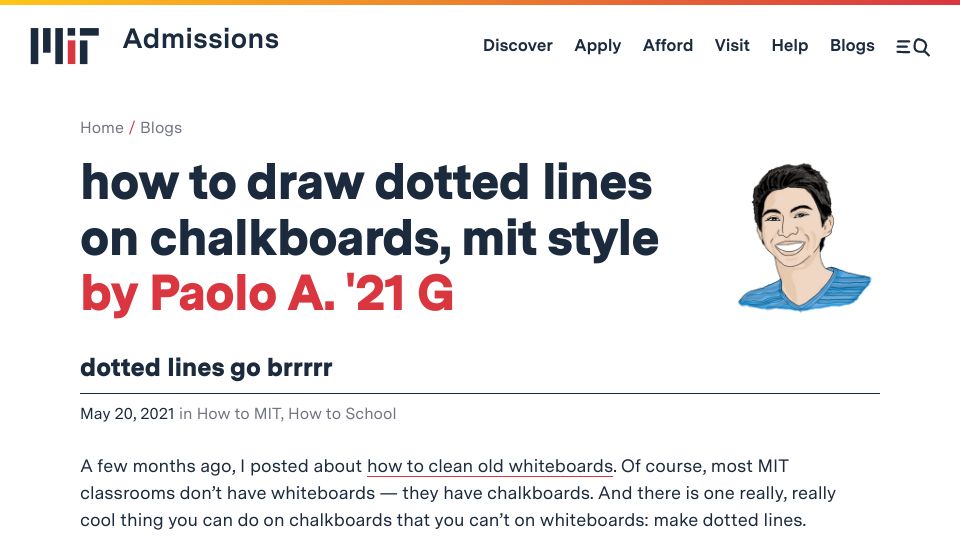 Screenshot of mitadmissions.org: How to draw dotted lines on chalkboards, MIT style (2021)