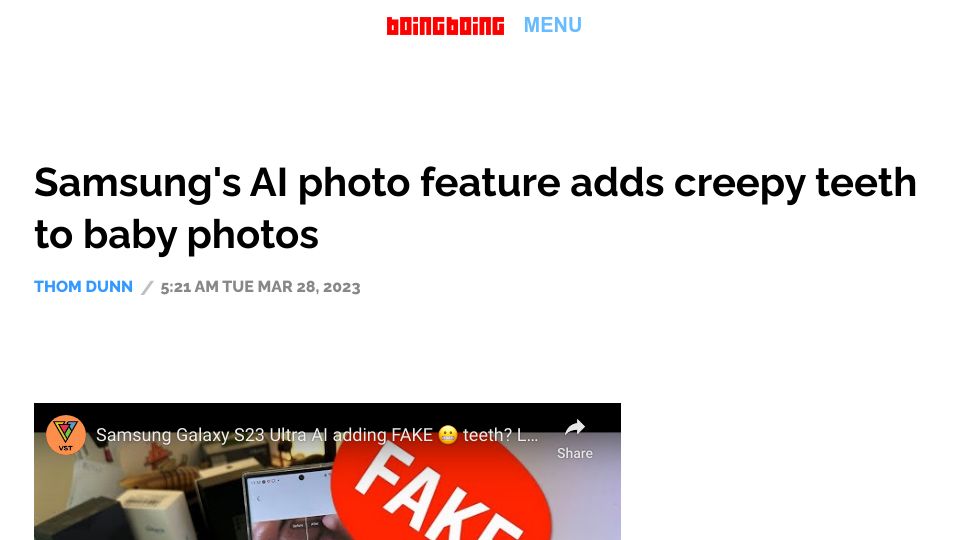 Screenshot of boingboing.net: Samsung's AI photo feature adds creepy teeth to baby photos