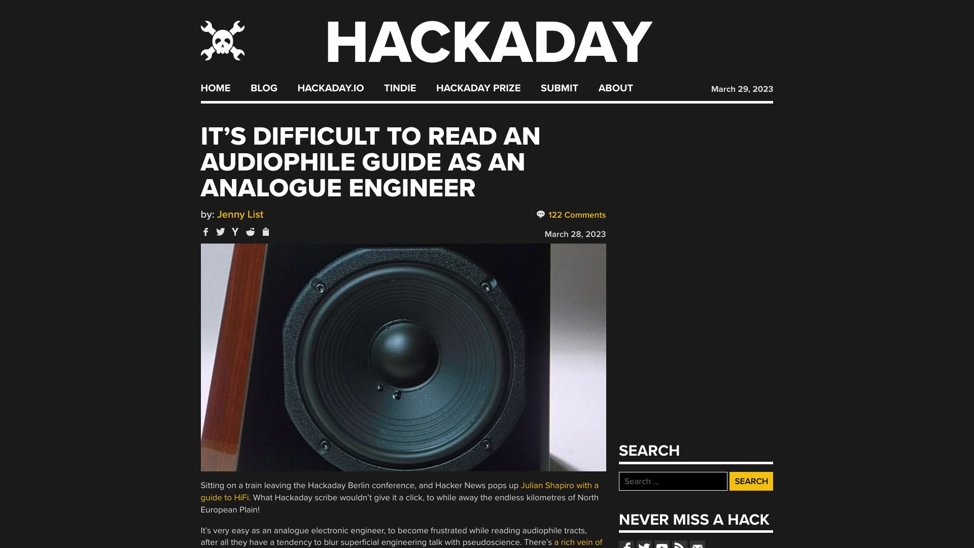 Screenshot of hackaday.com: It's difficult to read an audiophile guide as an analogue engineer