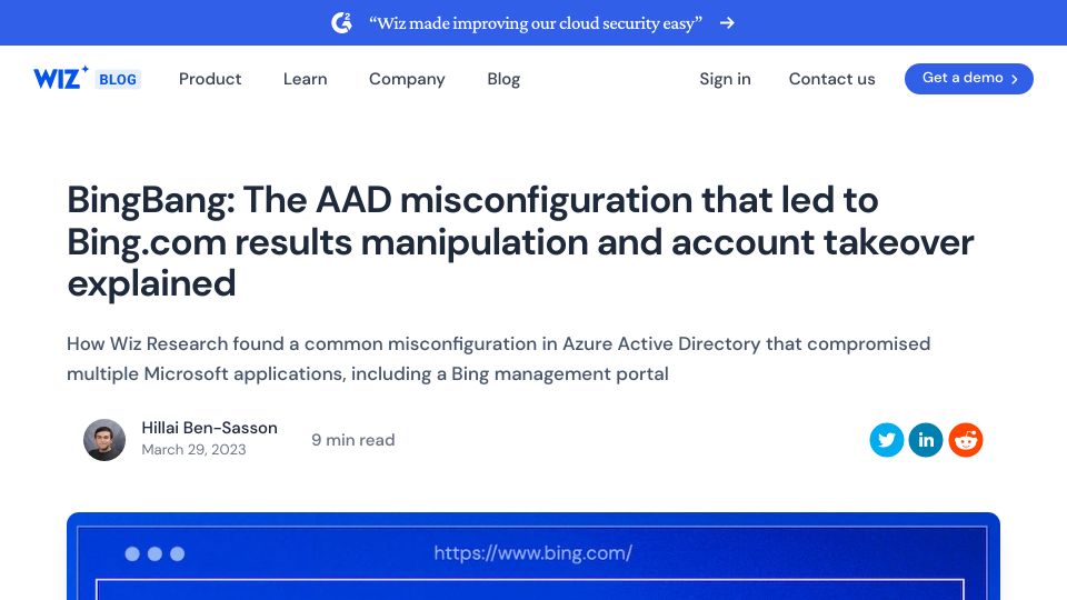 Screenshot of wiz.io: AAD misconfiguration led to Bing.com results manipulation, account takeover