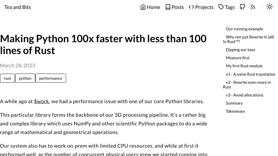 Screenshot of ohadravid.github.io: Making Python faster with Rust
