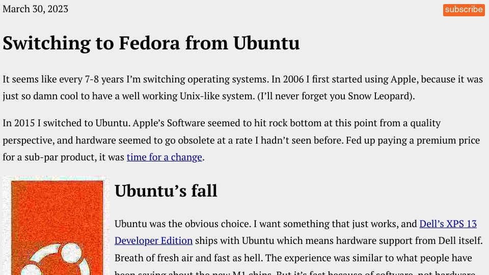 Screenshot of evertpot.com: Switching to Fedora from Ubuntu